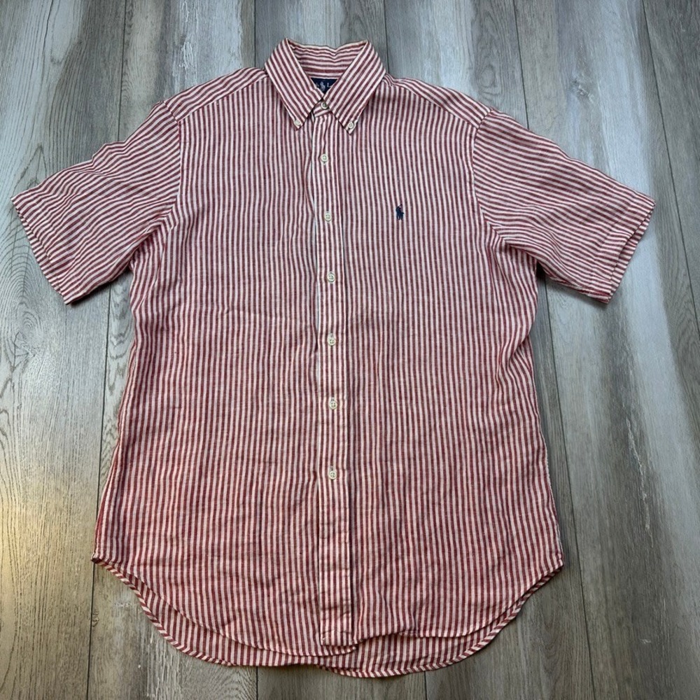 Polo Ralph Lauren Shirt Mens M Red Striped 100% Linen Classic Fit Pony Vintage